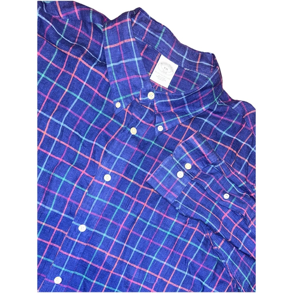 Brooks Brothers Linen Button Down‎ Shirt Men's 2XL Original Polo Plaid Blue Slim